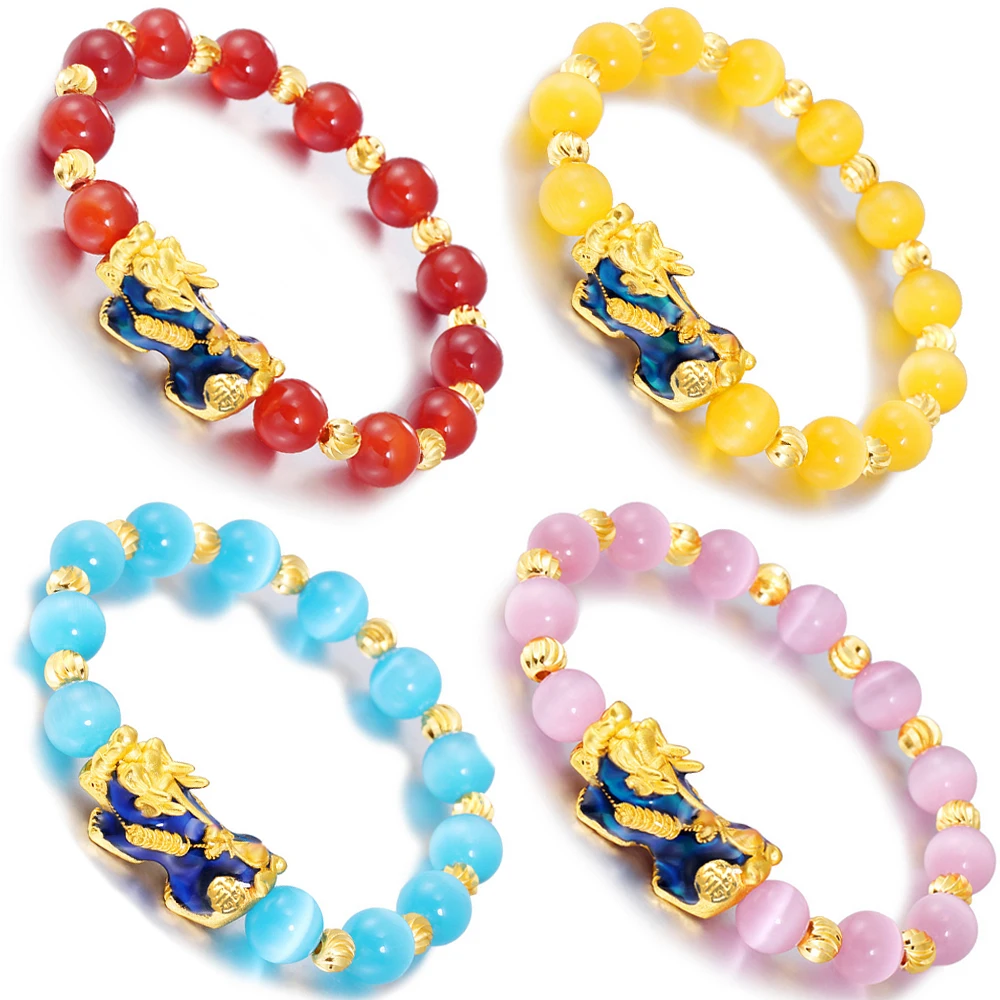 

Feng Shui Wealth Pixiu Lucky Cat Eye Stone Change Temperature Discoloration Bead Bracelet 10mm