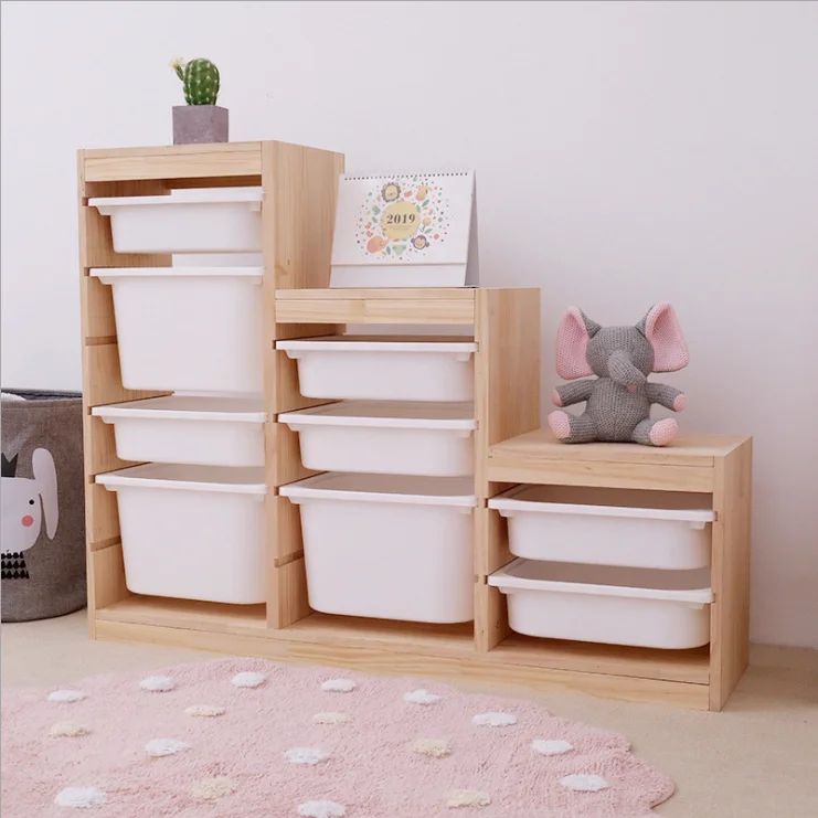 

Wooden Children Furniture Kids Cabinet With Plastic Storage Box, Natural wood color