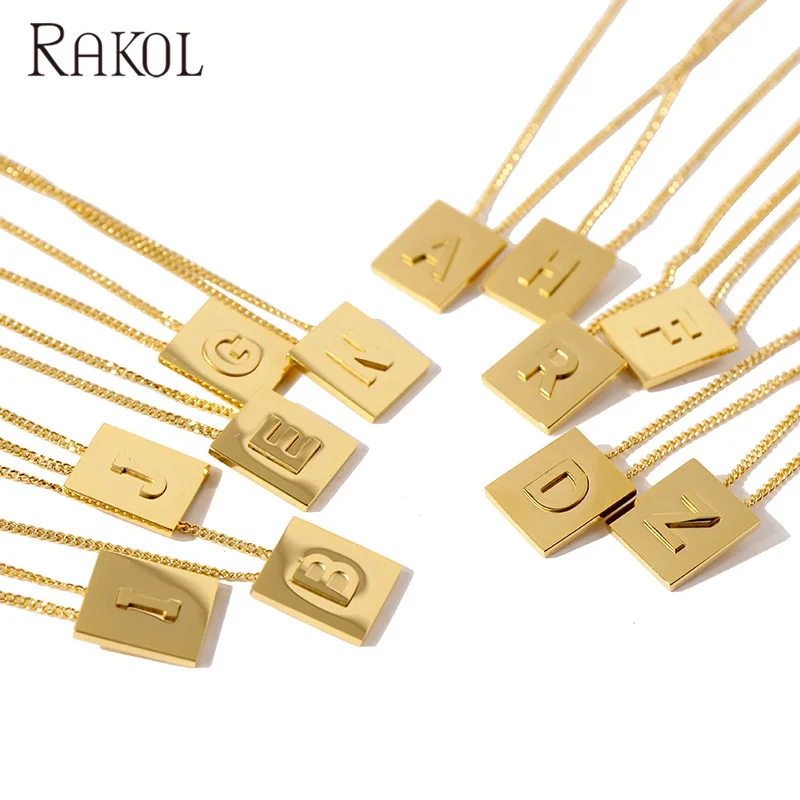 

RAKOL APBN029 Amazon Hot Sell Stainless Steel Surname Capital Small Square Letter Pendant Tiny Cuban Chain Necklace, Picture shows