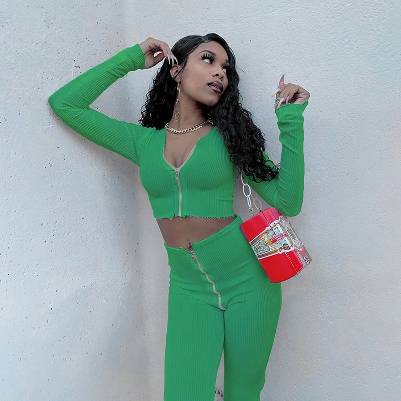 

XLL- New arrival Sexy white zipper ribbed bodycon knit slit 2 piece women spring clothes fashion 2021, As picture or customized color