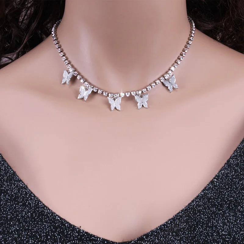 

Yiding Hot Sale Women Hip Hop Rhinestone choker ling bling Crystal Butterfly Tennis Chain Necklace Jewelry