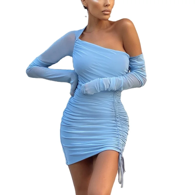 

Slanted Shoulder See-Through Dress Sexy Mesh Slanted Shoulder Dress Off-Shoulder See-Through Pleated Skirt ZCX