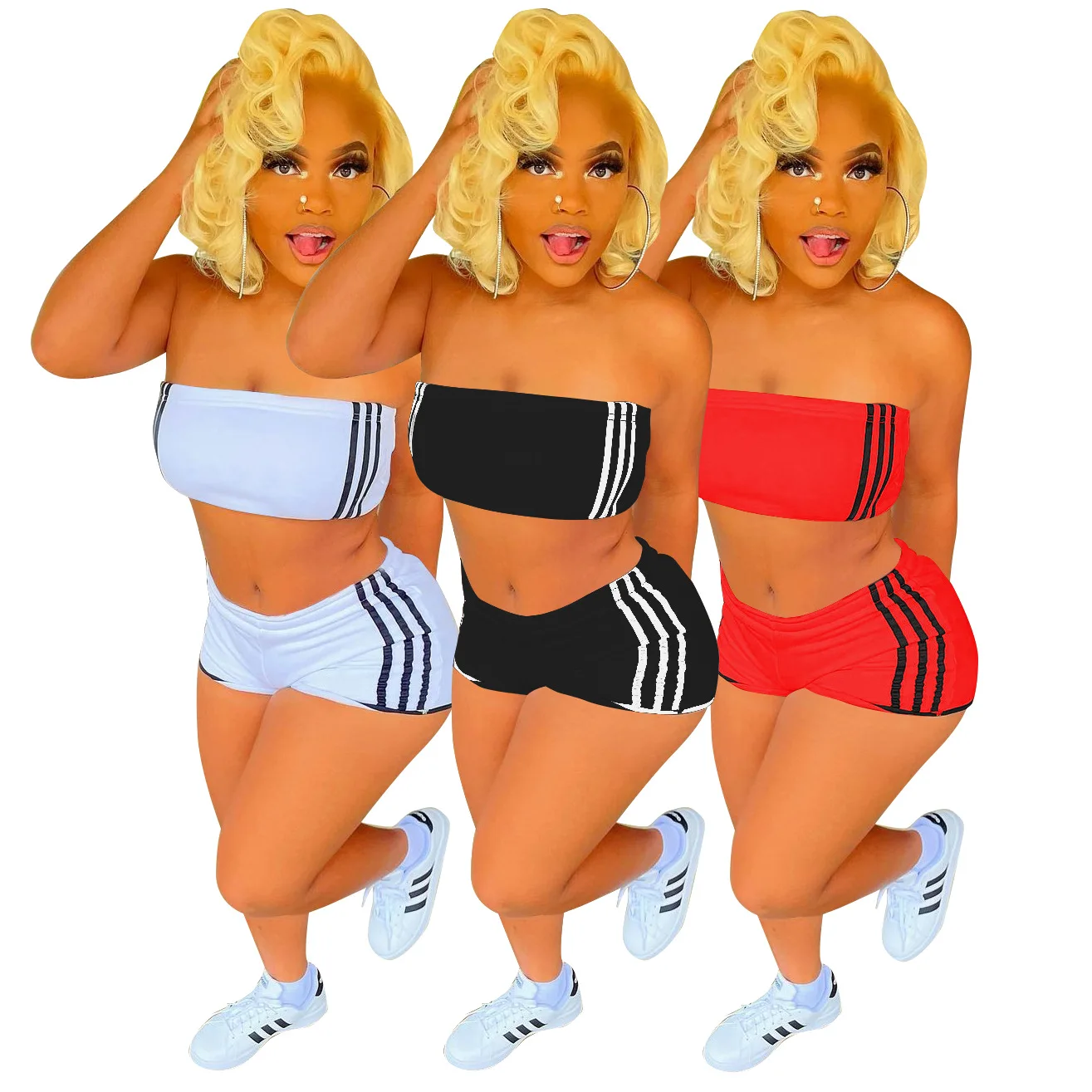 

solid color side striped tube top and shorts yoga two-piece suit, 3 colors and also can make as your request