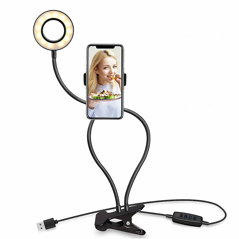 12W 2-in-1 Cell Phone Holder with LED Selfie Ring Light for Live Stream Phone Clip Holder Adjustable Desk Lamp with retail box