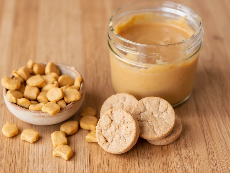 Homemade puppy treats with peanut butter on wooden table