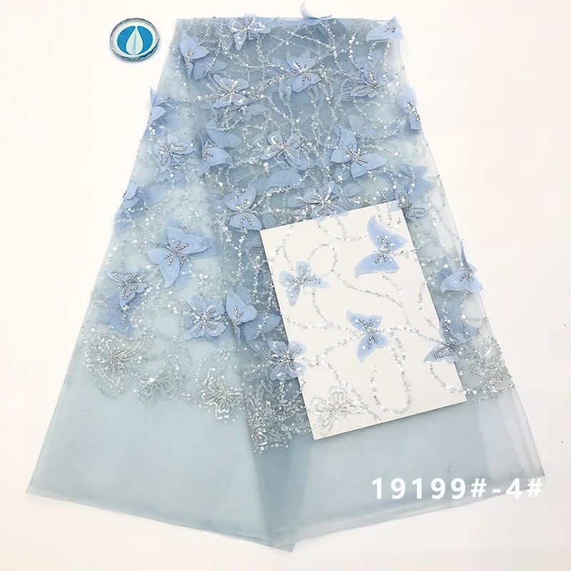 

H19199 Latest Exquisite Powder Blue Bridal Wedding Sequin Beaded 3D Flower Laser Appliques Butterfly Tulle Fabric With Pearls, 5 colors or customized