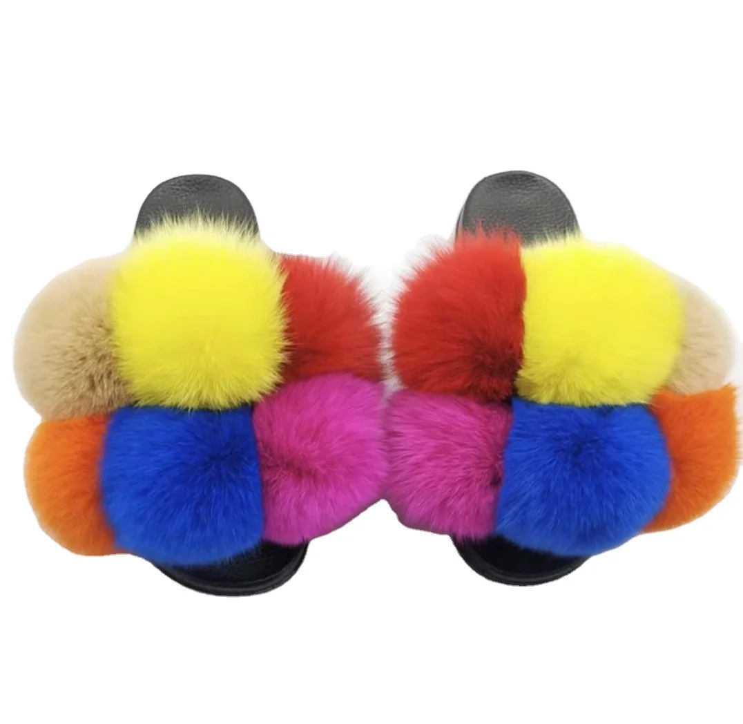 

Real fox hair slippers rainbow color mixed color summer slippers