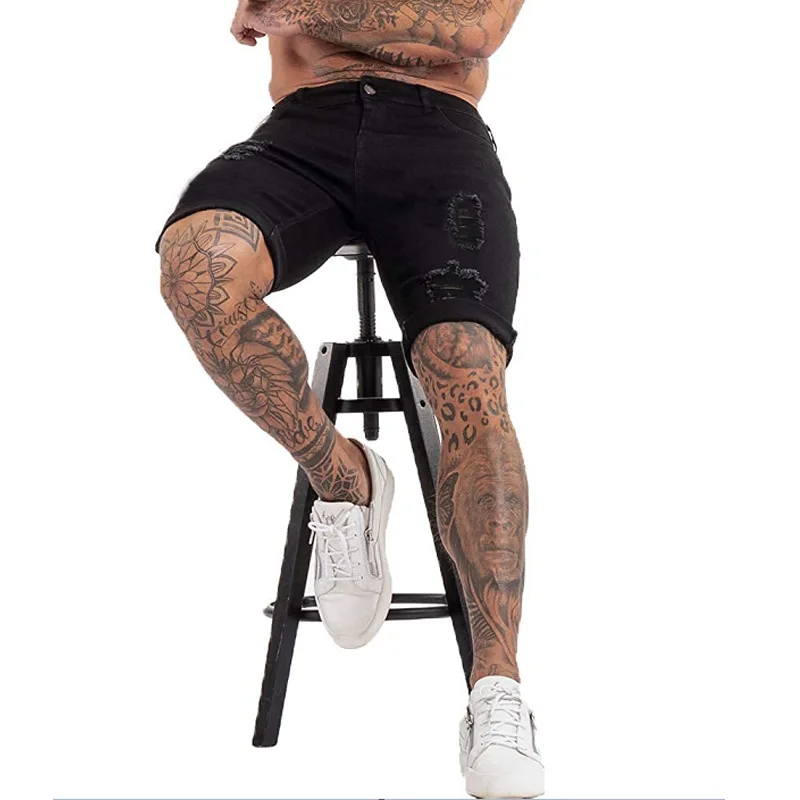 

2021 men's new fashion ripped black denim shorts