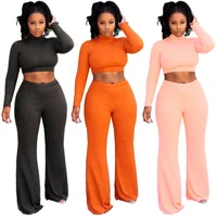 

Wholesale two piece set clothing long women suits women's round neck tops wide-leg pants