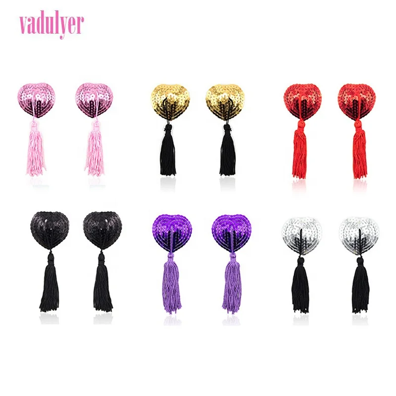 

Vadulyer Wholesale Reusable Heart Style Sequin Sexy Women Tassels Nipple Exotic Concealers Sticker Pasties 1 Pair