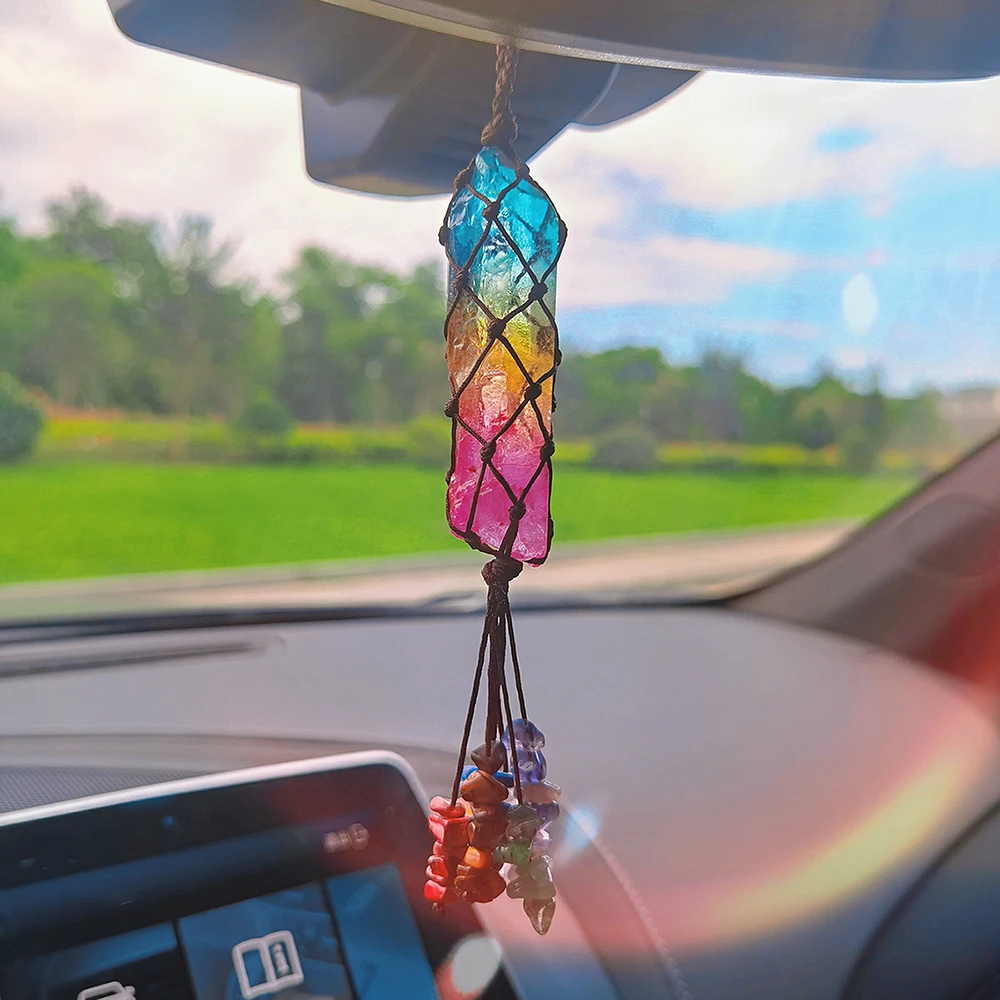 

Handmade Carving Crafts Quartz 7 Chakra Stone Tree Of Life Tumbled Wall Car Hanging Pendant Healing Crystals Ornament, Multi color