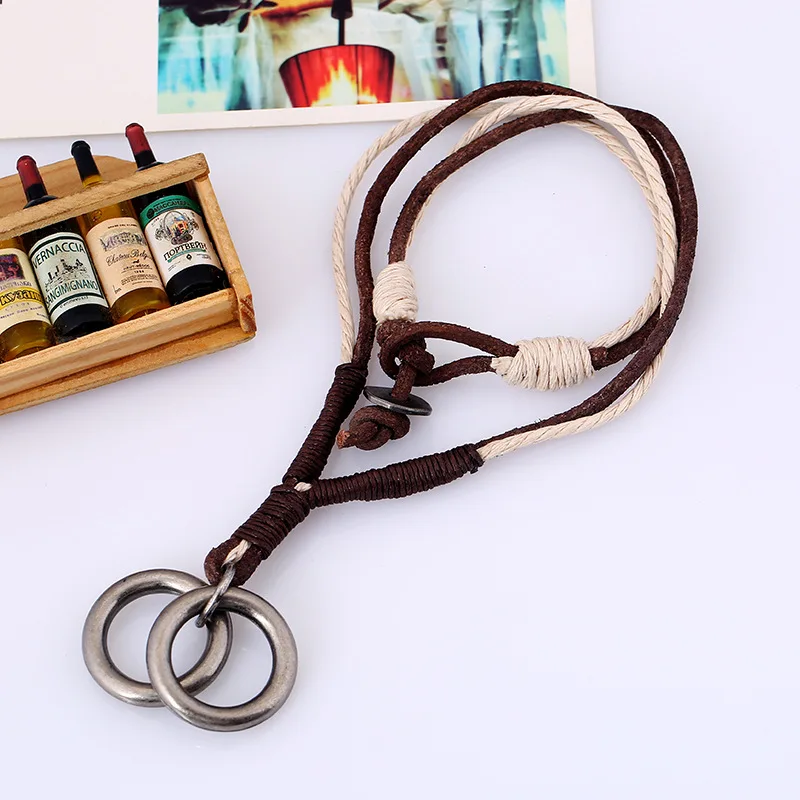 

Vintage Retro Leather Cord Necklaces Double Circle Pendant Necklace For Women Men Fashion Jewelry Gifts