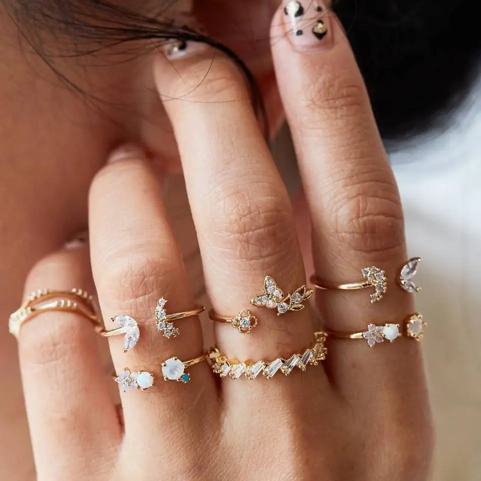 

Vintage 7pcs/set crystal druzy butterfly wedding rings set women jewelry