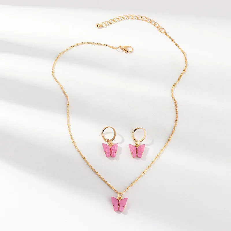 

2020 Best Selling Gold Plating Chain Candy Color Butterfly Necklace Earrings Set Acrylic Butterfly Pendant Necklace For Women