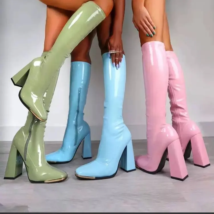 

Fashion Design Autumn Block High Heels Patent Leather White Green Pink Women's Boots Side Zipper Thick Heeled Knee High Boots