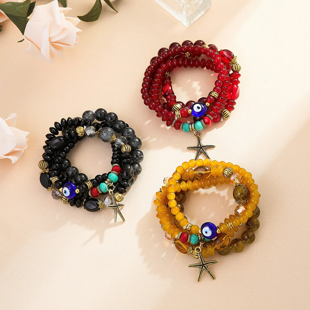 

Bohemian Ethnic Starfish Pendant Four-piece Bracelet Wild Simple Bracelet Accessories, Brown ,black,red