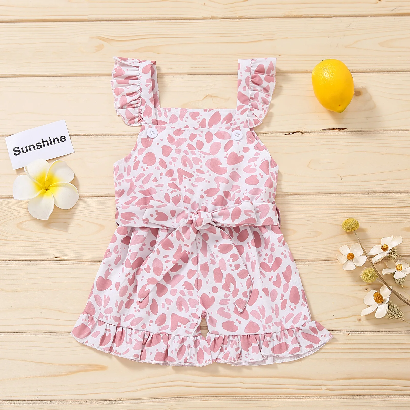 

Wholesale New Lovely Baby Girls Summer 3 Colors Leopard Printed Ruffles Sleeveless Button Bow Belt Rompers Jumpsuits