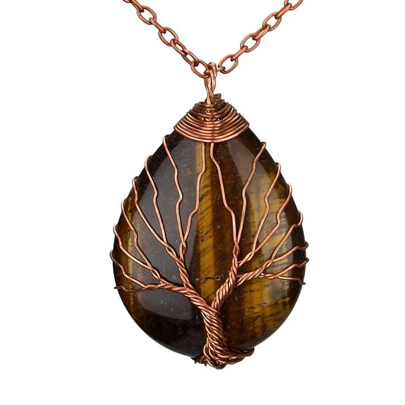 

Popular Wire Wrap Tree of Life Water Drop Pendant Charm Jewelry Chakra Tree of Life Pendants Necklace, Amethyst,black obsidian,oaplite,rose quartz,tiger eye,