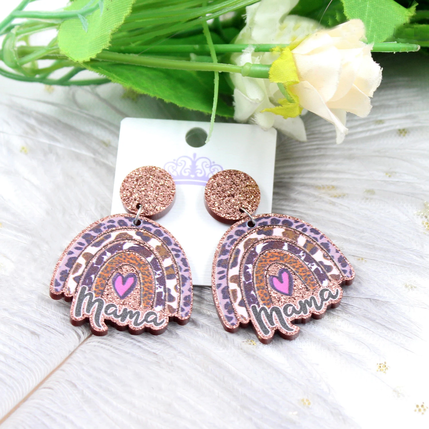 

ERS035ER1033 Acrlylic Rainbow Mama Dangle Earrings Mother's Day Earrings Mama Gift Glitter Acrylic Earrings