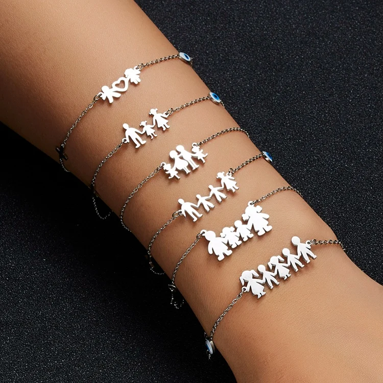 

Unique Charm Silver Stainless Steel Family Of Four Mom Dad Figure Eye Cross Bracelet Jewelry For Women