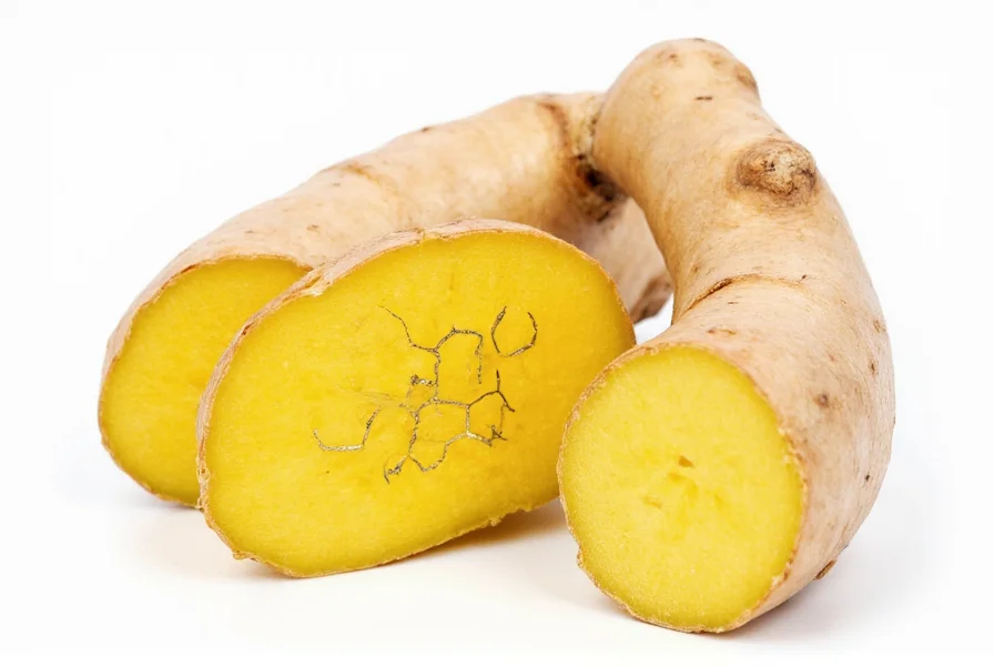 Fresh ginger root sliced to show interior with scientific diagram of gingerol compound