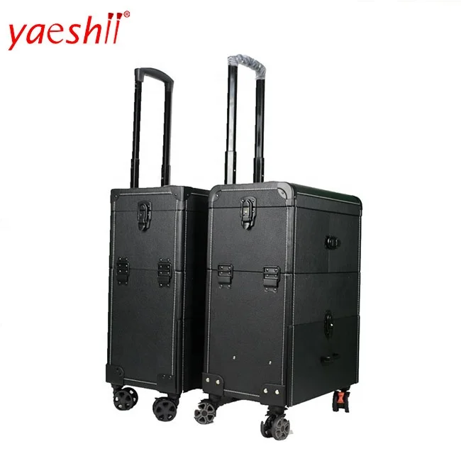 

Yaeshii Aluminum Professional Rolling Cosmetic Trolley Beauty Box Vanity Makeup Compact Artist Train Case With Wheels, Pink/balck