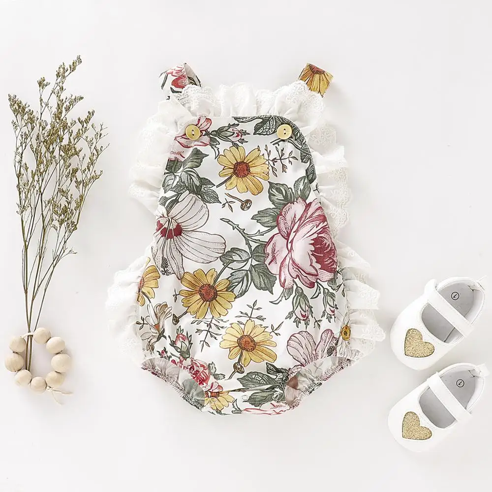 

Cute Newborn Baby Girls Rompers Printed lace sling Clothes Cotton Flutter Sleeve