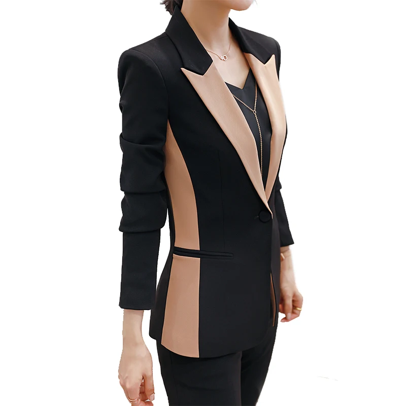 

OEM High Quality 2 Piece Set Contrast Formal Pant Suit Blazer Office Lady Uniform Designs Women Business Jacket and Trouser, Beige, black