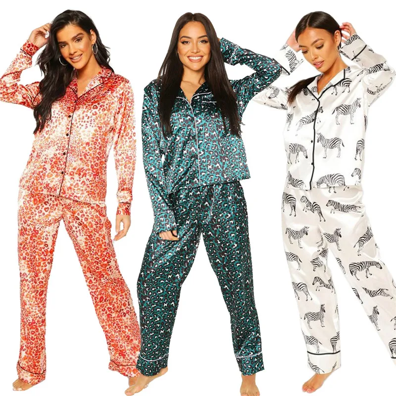 

2021 New Fancy Lady Hot Pyjamas Sets Emulation Silk Women Sleepwear Set Long Sleeve Leopard Nightwear Animal Print Satin Pajamas, Multi colors