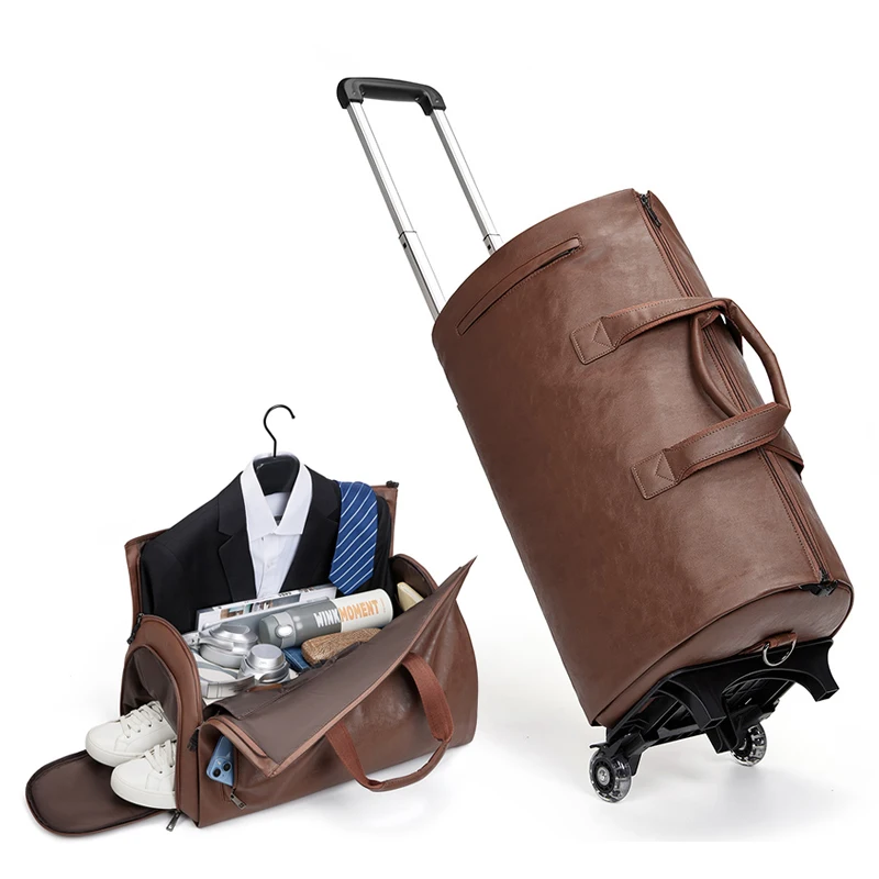 Factory Wholesale Custom Wheeled Garment Trolley Suit Bag Duffle Suitcase Overnight Pu Leather Travel Duffle Bag for Men