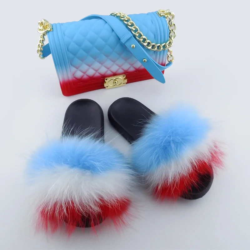

summer women slides sandals furry logo custom slippers 2 pieces set jelly handbag mommy and me fur slides and purse set, 7 colors
