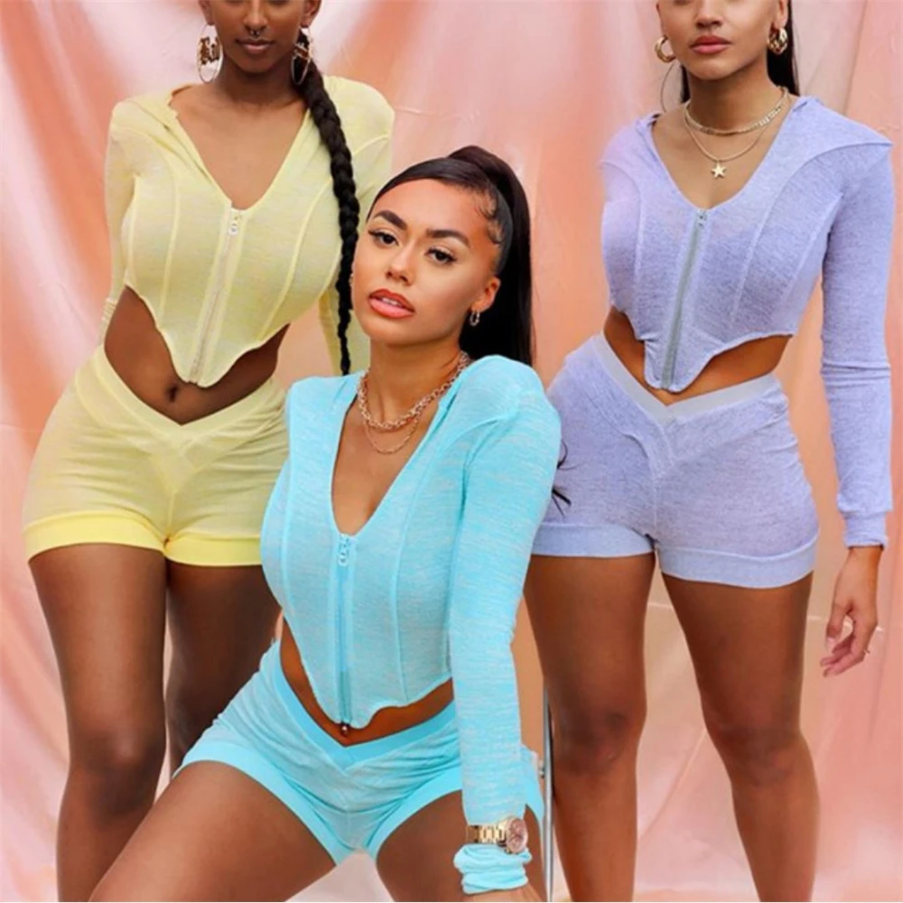 

A00100D New design Long Sleeve Shorts Sport Two-piece Set Hooded Irregular Two Piece Outfits Bodycon Hollow Out, White pink blue brown yellow purple gray
