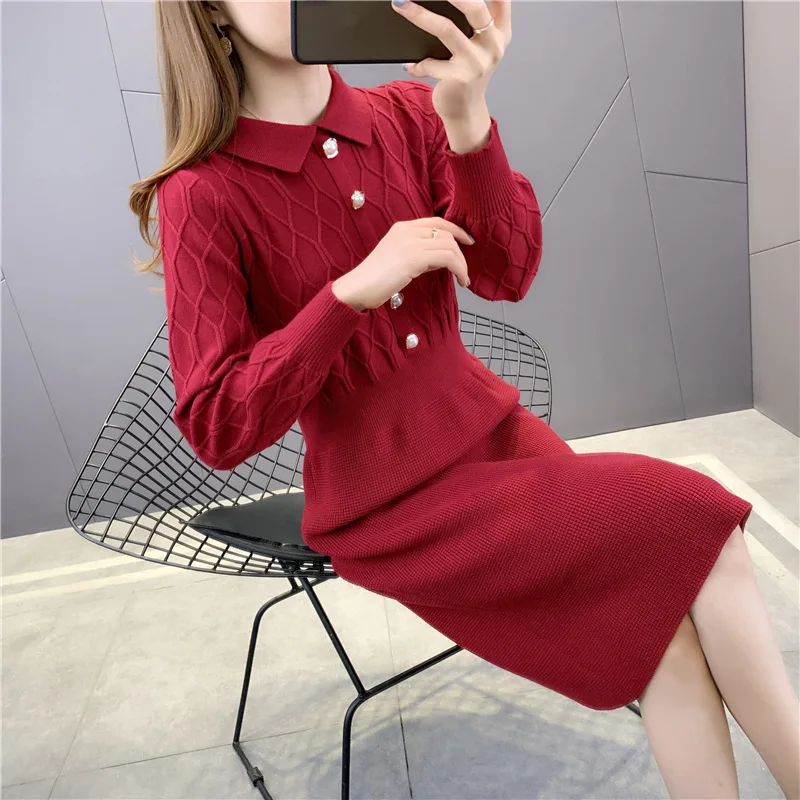 

B63453A 2020 fashion knitted wool slim waist long sleeve red high quality dress