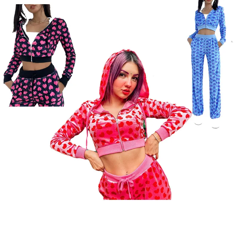 

Valentine's day girl clothes with heart women Hoodies Set Velour Sweatsuit Two Piece Set velvet tracksuit, 9 colors