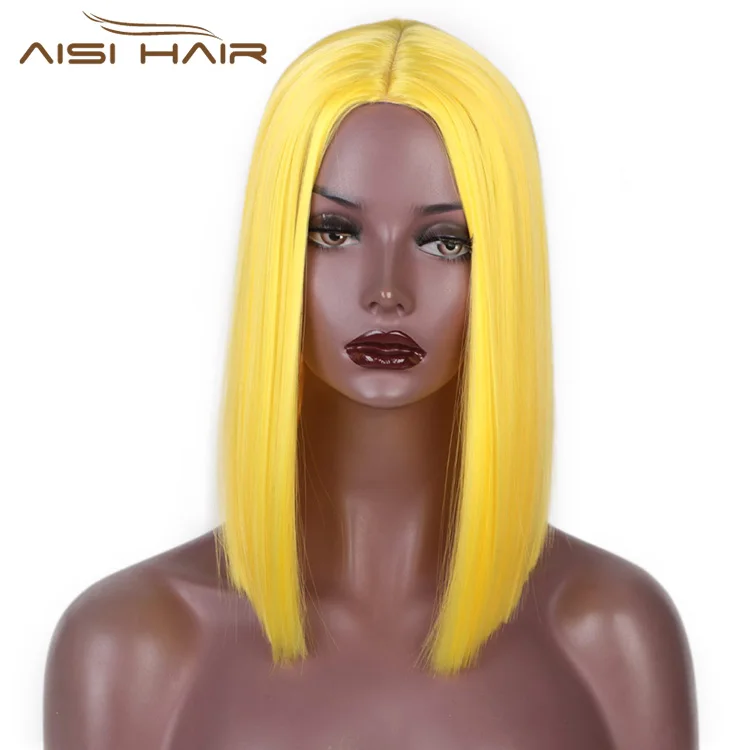 

Aisi Hair Yellow Short Wigs Bob Style Straight Synthetic Black Women's Wig 14 Inches Soft Heat Resistant Fiber Wig