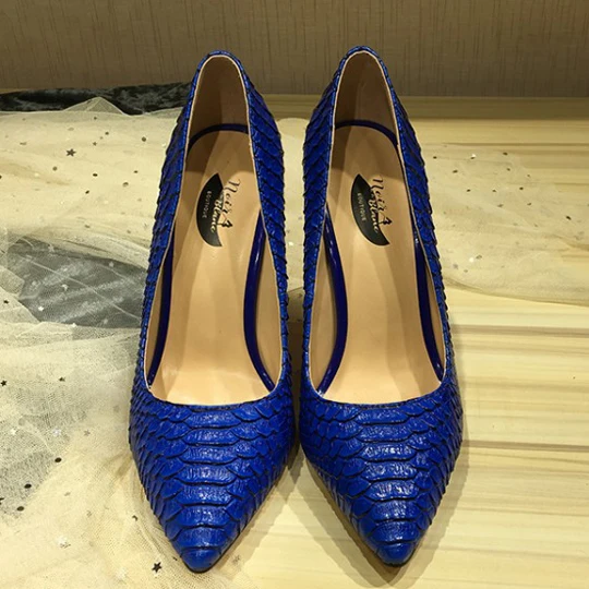 

Handmade Women Stiletto Pumps Special Fish Skin Leather Upper High Heels Shoes Women Pink Blue Dress Shoes, Pink blue white