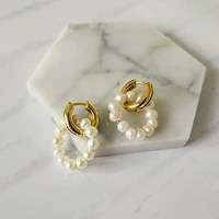 

Double Circle Genuine Freshwater Pearl Hoop Earrings Layering Small Pearl Earring Hoops Dainty Boho Earrings for Women