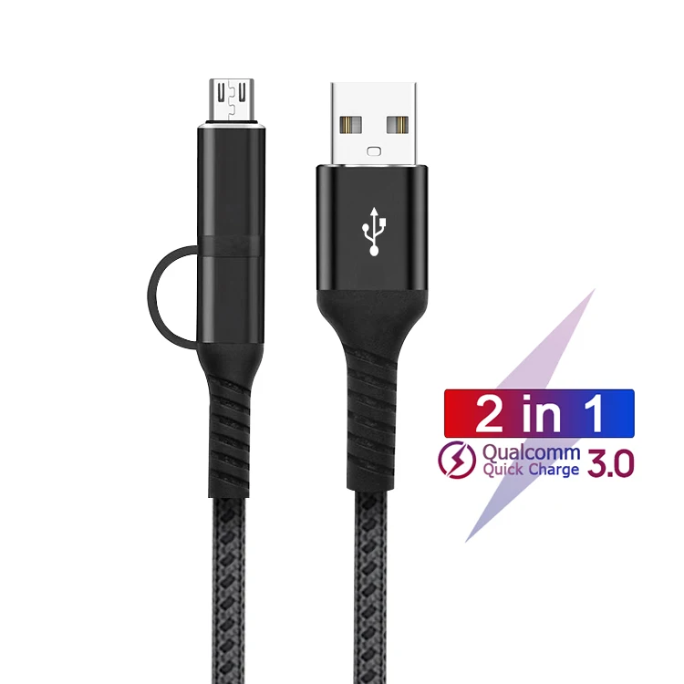 

Nylon Braided 2-in-1 Type-C Usb 2.0 Cable Usb C Cabo Micro To Android Type C Adapter Ladekabel 3.0A, Black/oem