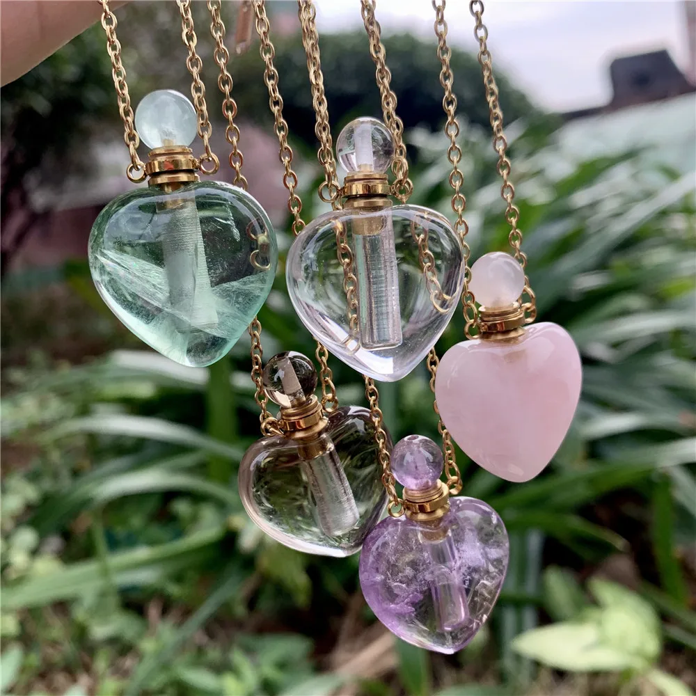 

LS-A3190 amazing new heart shaped perfume bottle necklace jewelry,lover gift gemstone perfume bottle necklace essential oil gift
