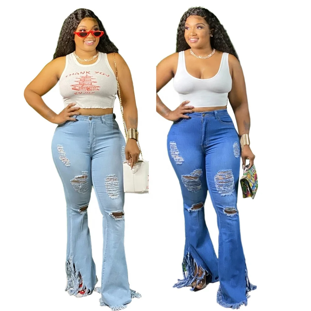 

MT12-2304 Fashion hot-selling slim-fitting washed holes fringed flared pants