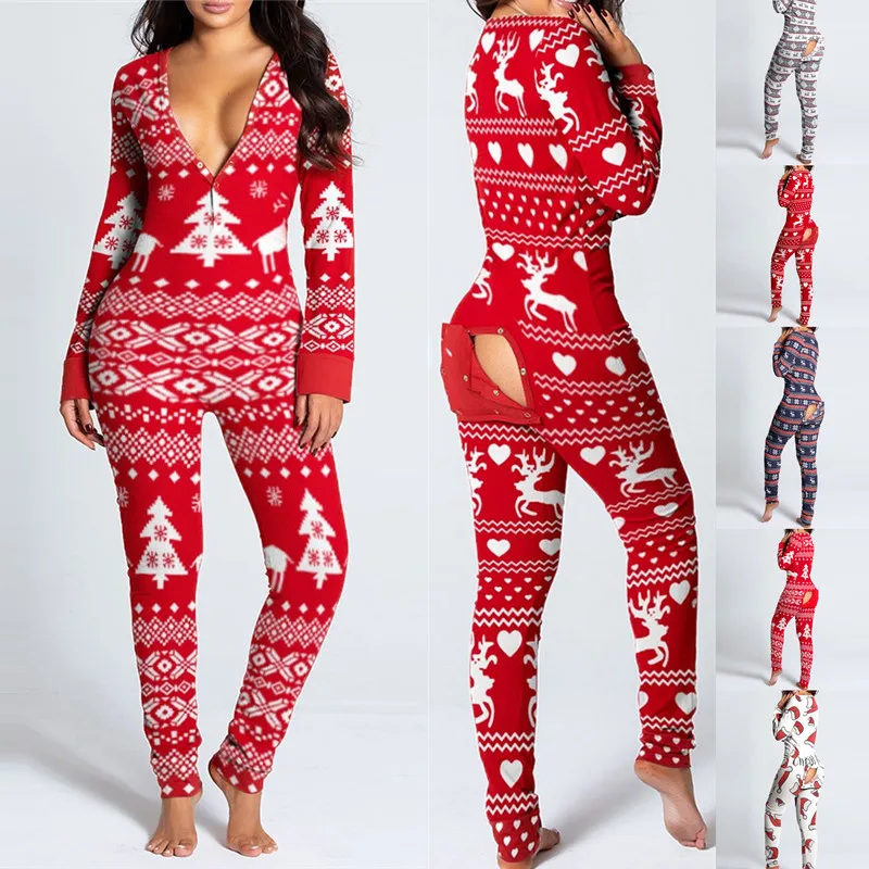 

2022 New Arrivals Long Sleeve V Neck Adult Women Romper Christmas Onesie Pajamas