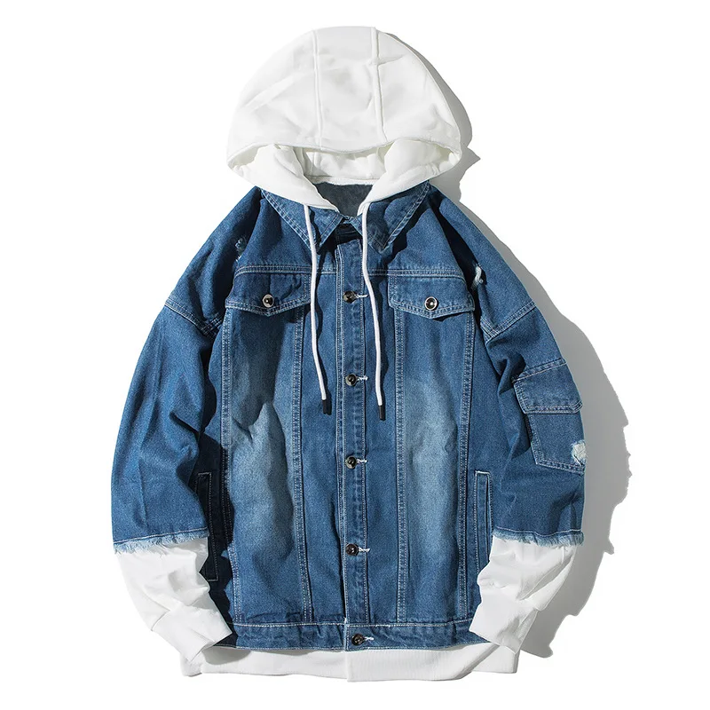 

Hooded denim jacket Korean loose fashion holed jacket men's Customize Blue jacket