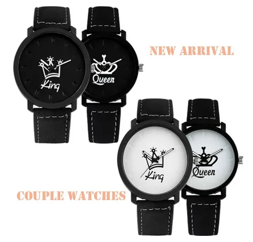 

Free Shipping Couple Leather Band Wristwatch Casual Luminous Hands Analog Clock "KING QUEEN " Quartz Watch For Men Women, Black