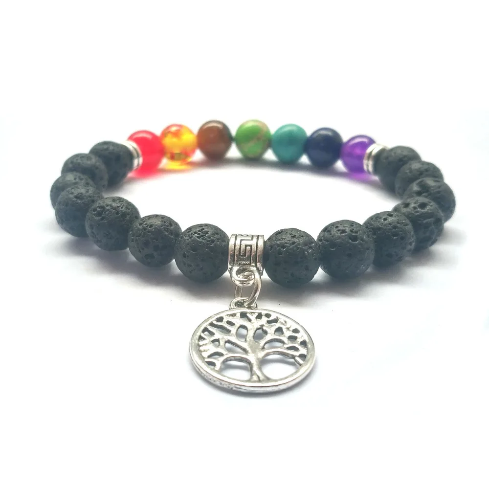 

OM Tree of Life 8mm Energy 7 Chakras Black Lava Stone Bracelet DIY Aromatherapy Essential Oil Diffuser Bracelet Yoga Jewelry