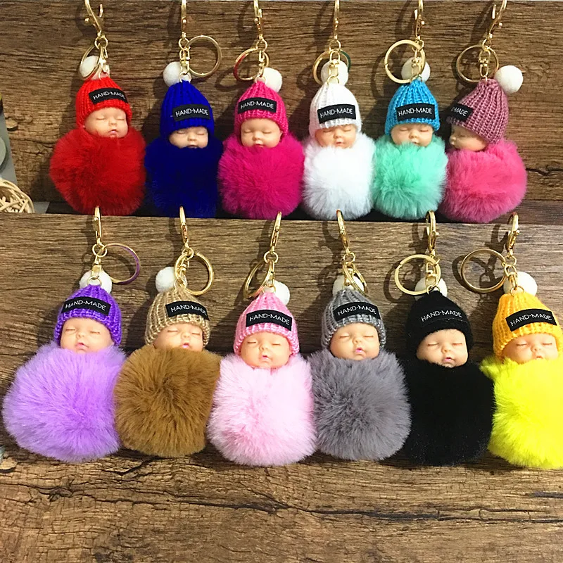 

N1000 Cute 8CM Sleeping Baby Doll Keychain Pompom Rabbit Fur Ball Key Chain Fluffy Car Keyring Bag Charm Gift Plush Fur Keychain