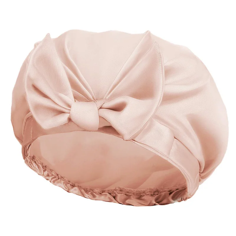 

HZO-18160 Bow knot Plain Reusable Shower Cap Bath Hair Caps With Silky Satin for Women Beauty Bathing, Can dye as you need by pantone card