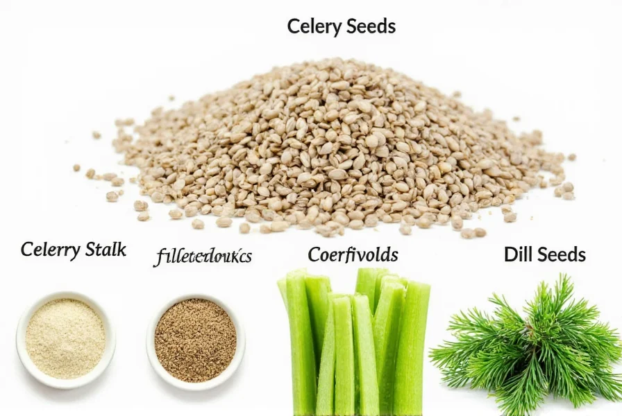 Close-up view of celery seeds next to common substitute options including celery salt, fresh celery stalks, and dill seeds