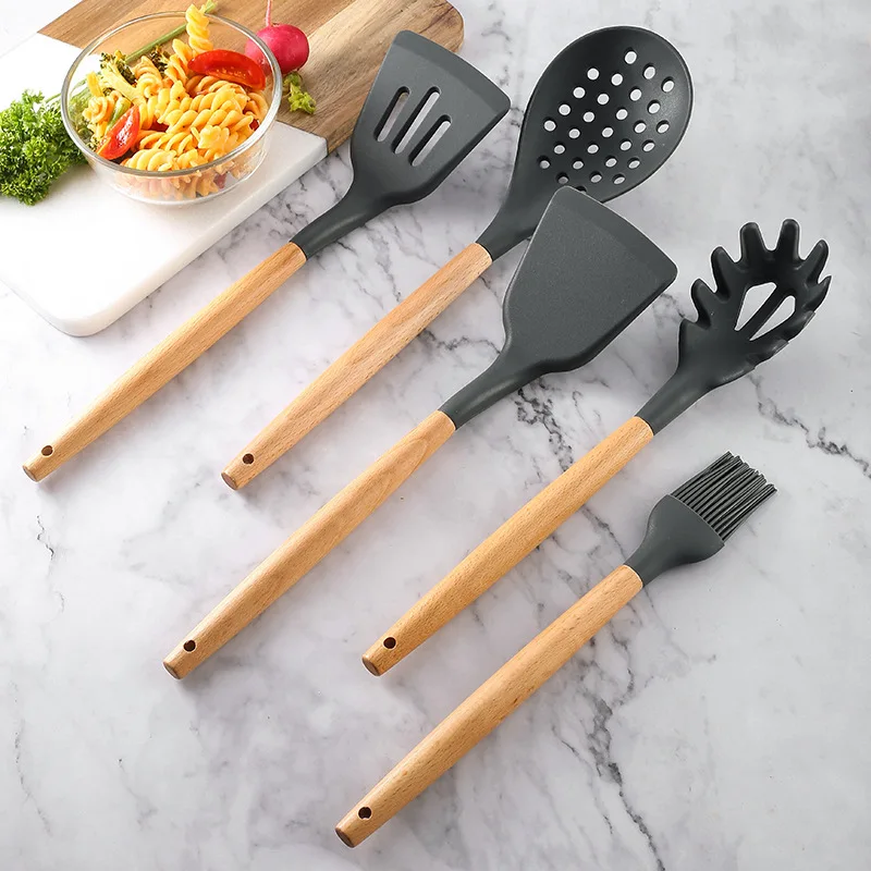 

TY2022 OEM/ODM Kitchen gadgets Wooden handle silicone spatula spoon stir fry household kitchenware set, Customized