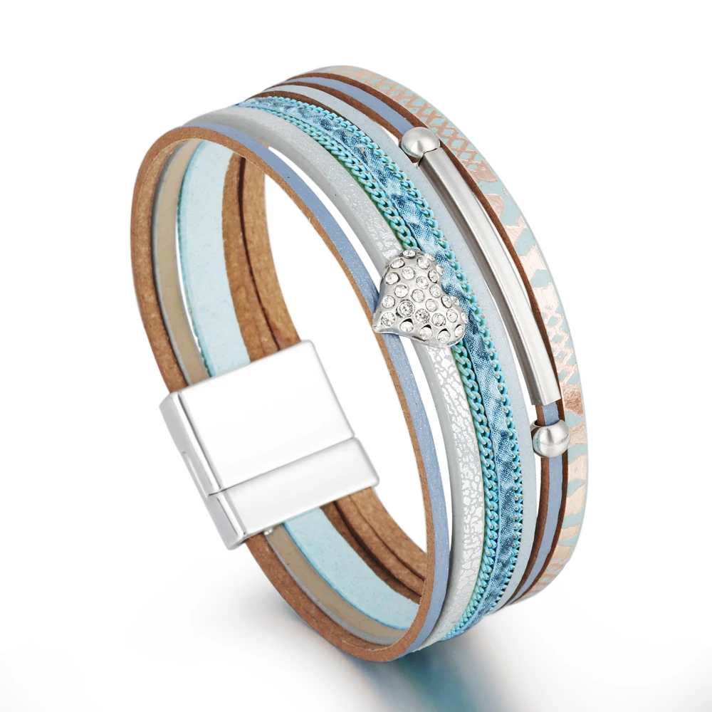 

High Quality Multilayer Alloy Heart Charm Tube Magnetic Clasp PU Leather Bracelet For Women, 3 color