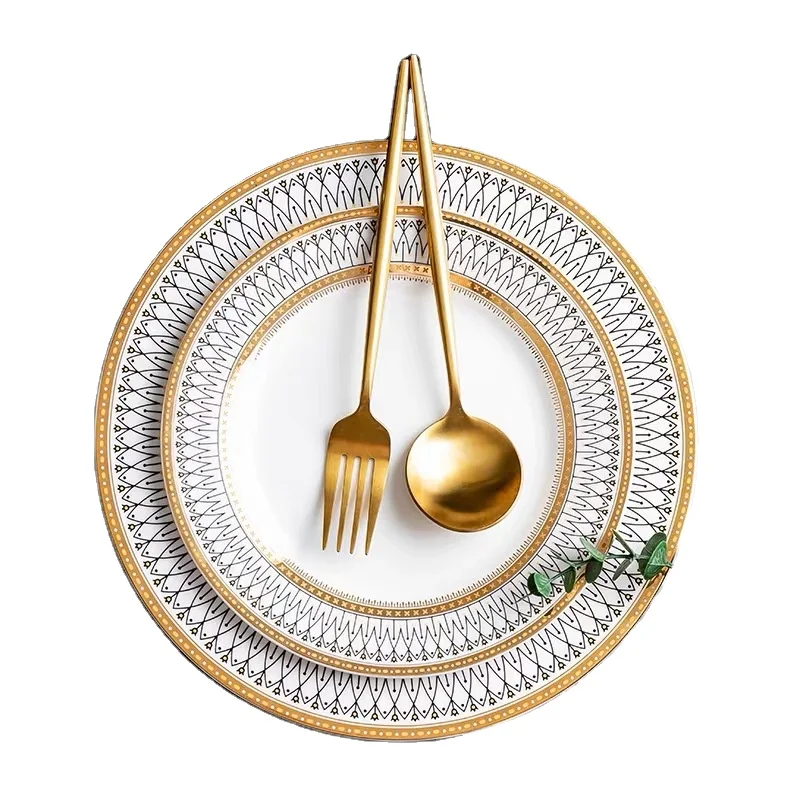 

Wholesale Creative Ceramic Gold Rim Nordic Style Western Dinner Plate Hotel Dish Sets Home Dinnerware Steak Plates Customizable